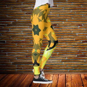 Retro Mandala Flower Oranje Yellow and Green Leggings