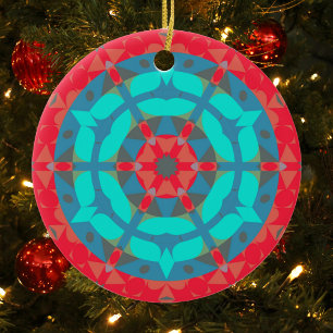 Retro Mandala Flower Red en Blue Keramisch Ornament