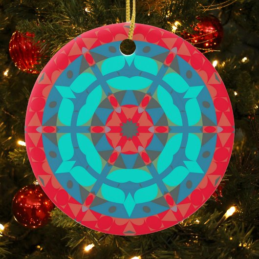 Retro Mandala Flower Red en Blue Keramisch Ornament