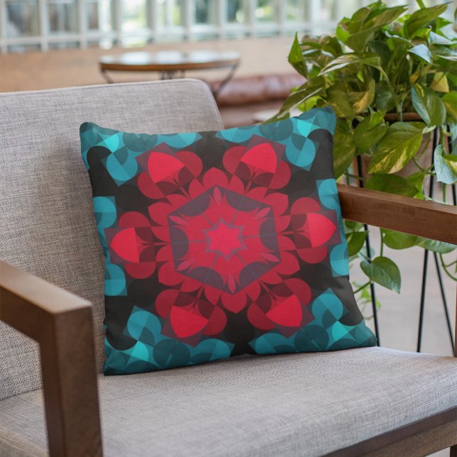 Retro Mandala Flower Red en Blue Kussen (Creator heeft geüpload)