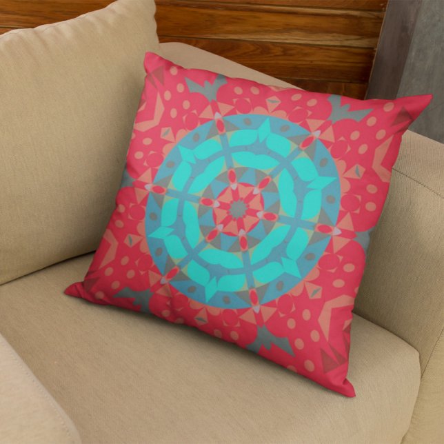 Retro Mandala Flower Red en Blue Kussen (Creator heeft geüpload)