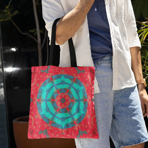 Retro Mandala Flower Red en Blue Tote Bag