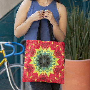Retro Mandala Flower Red en Yellow Tote Bag
