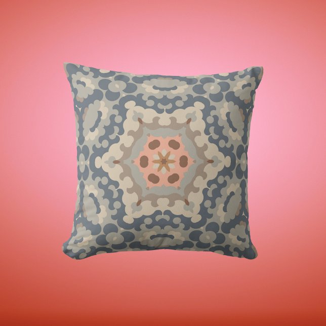 Retro Mandala Flower Tan Blauw en Sinaasappel Kussen (Creator heeft geüpload)