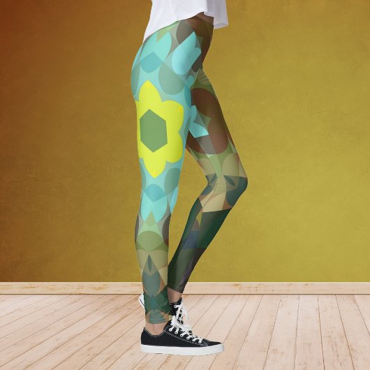 Retro Mandala Flower Yellow Blue en Brown Leggings