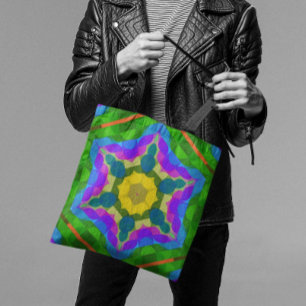 Retro Mandala Flower Yellow Blue en Paars Tote Bag