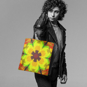 Retro Mandala Flower Yellow Oranje and Green Tote Bag