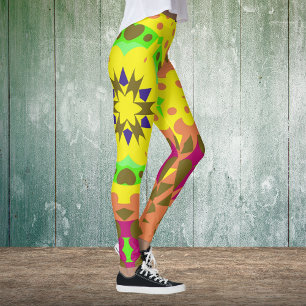 Retro Mandala Flower Yellow Oranje Green and Pink Leggings