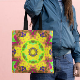 Retro Mandala Flower Yellow Oranje Green and Pink Tote Bag