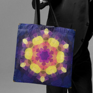 Retro Mandala Flower Yellow Pink en Paars Tote Bag
