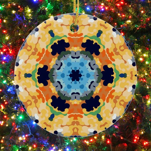 Retro Mandala Geel Blauw en Sinaasappel Keramisch Ornament