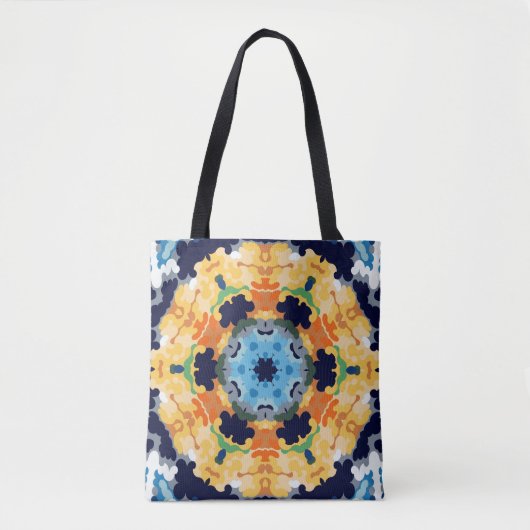 Retro Mandala Geel Blauw en Sinaasappel Tote Bag (Voorkant)