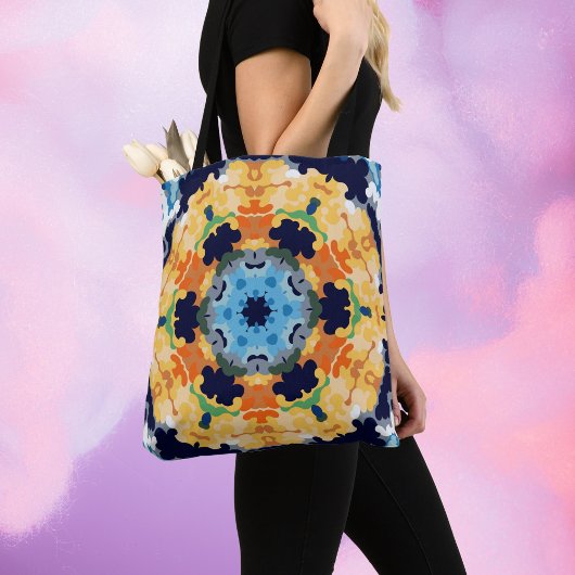 Retro Mandala Geel Blauw en Sinaasappel Tote Bag