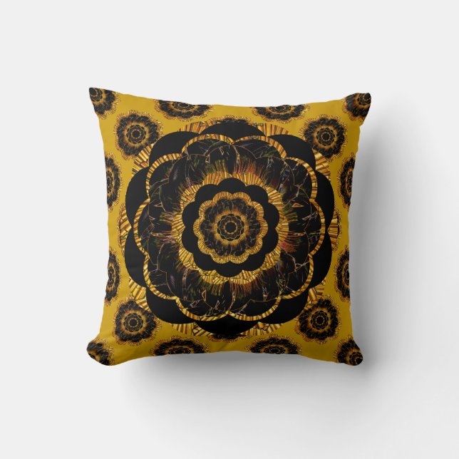 Retro Mandala Hippy-kussen - Black Gold Mustard Kussen (Voorkant)