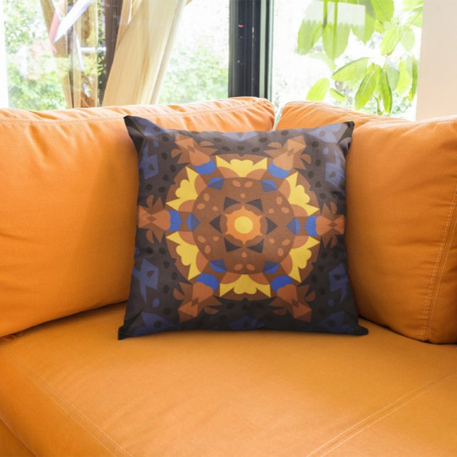 Retro Mandala Oranje Geel en Blauw Kussen (Creator heeft geüpload)