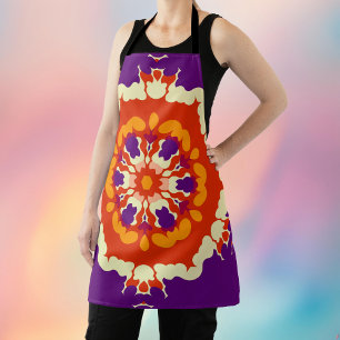 Retro Mandala Paarse rood en Sinaasappel Schort