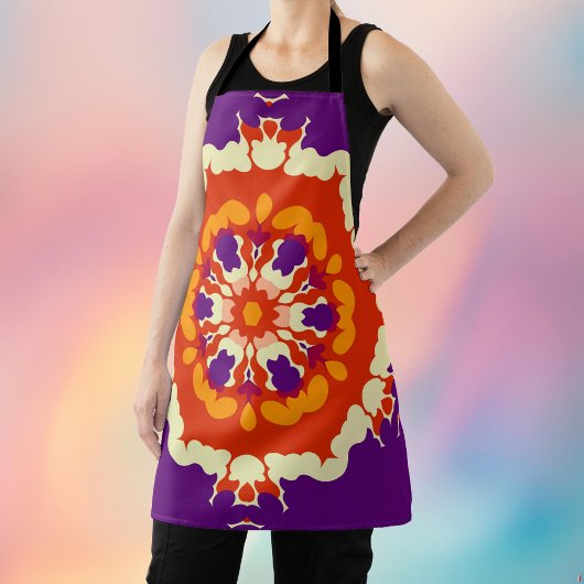 Retro Mandala Paarse rood en Sinaasappel Schort