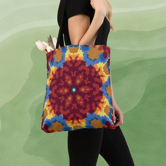 Retro Mandala Rood Blauw en Geel Tote Bag