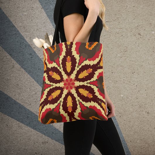 Retro Mandala rood Sinaasappel en bruin Tote Bag