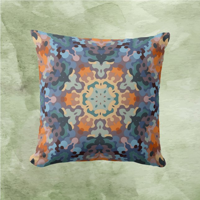 Retro Mandala Sinaasappel blauw en geel Kussen (Creator heeft geüpload)
