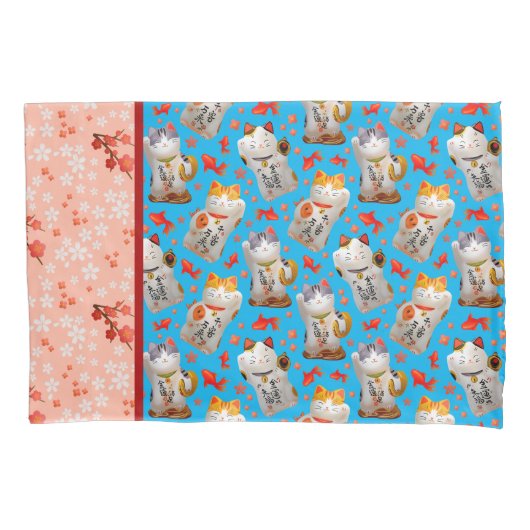 Retro Maneki Neko Japans Waving Lucky Cat Koi Kussensloop (Voorkant-Links)