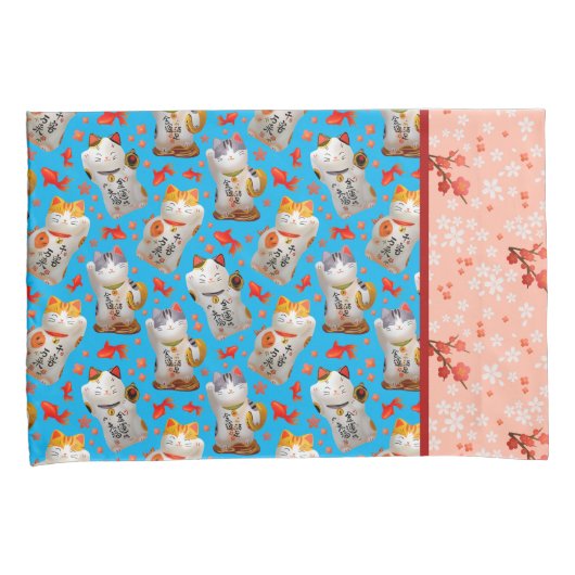 Retro Maneki Neko Japans Waving Lucky Cat Koi Kussensloop (Voorkant-Rechts)