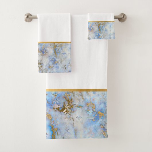RETRO MARBLE ABSTRACT BLUE GOLD BATHROOM TOWEL SET BAD HANDDOEK (Insitu)