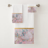 RETRO MARBLE FLOWER PINK AQUA BATHROOM TOWEL SET BAD HANDDOEK (Insitu)