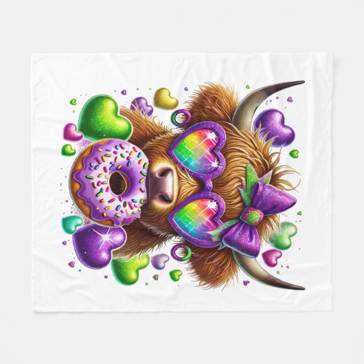 Retro Mardi Gras, Highland Koe Fleece Deken (Voorkant (Horizontaal))