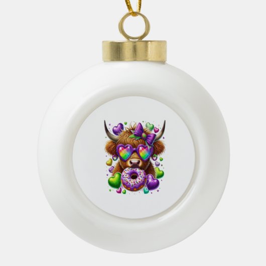 Retro Mardi Gras, Highland Koe Keramische Bal Ornament (Voorkant)