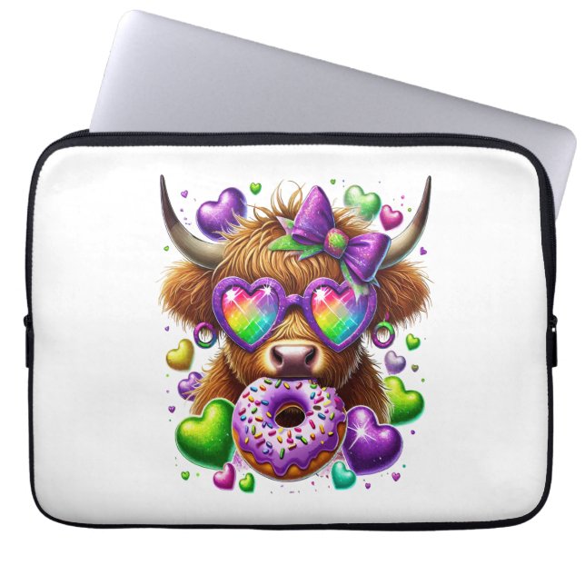 Retro Mardi Gras, Highland Koe Laptop Sleeve (Voorkant)