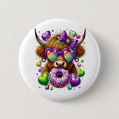 Retro Mardi Gras, Highland Koe Ronde Button 5,7 Cm (Voorkant)