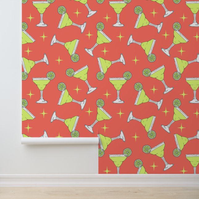 Retro Margarita Cocktails Patroon Koraal Roze Behang (Applicatie)