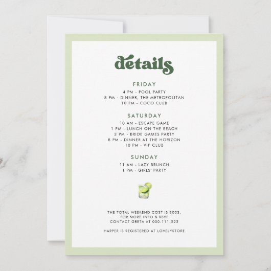 Retro Margs en Huwelijk Bachelorette Weekend Kaart (Achterkant)