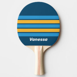 Retro marineblauw overdwars gestreept met naam tafeltennisbatje