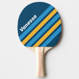 Retro Marineblauwe diagonale strepen met naam Tafeltennisbatje