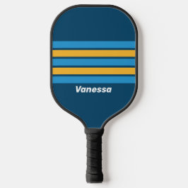 Retro marineblauwe dwarsstrepen met naam pickleball paddle