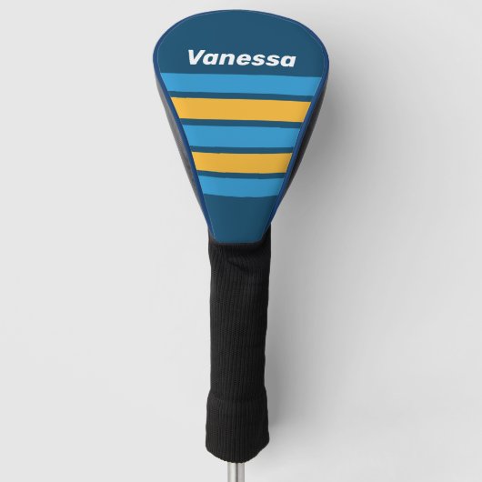 Retro marineblauwe strepen met naam golfheadcover (Voorkant)