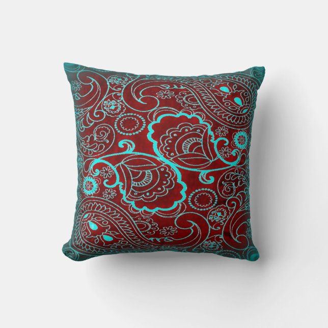 Retro Maroon en Blauwgroen Paisley Pattern Kussen (Voorkant)