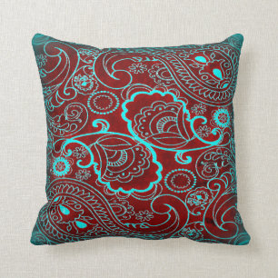 Retro Maroon en Blauwgroen Paisley Pattern Kussen