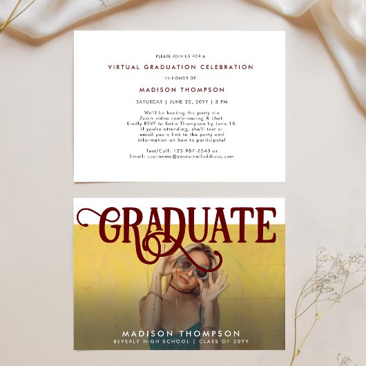 Retro Maroon Foto virtueel Afstuderen voor meisjes Kaart