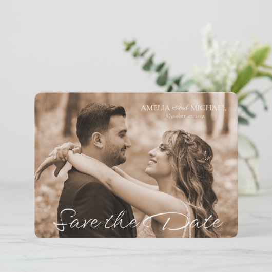 Retro Maroon Fotobruiloft Save the Date Kaart (Staand voorkant)