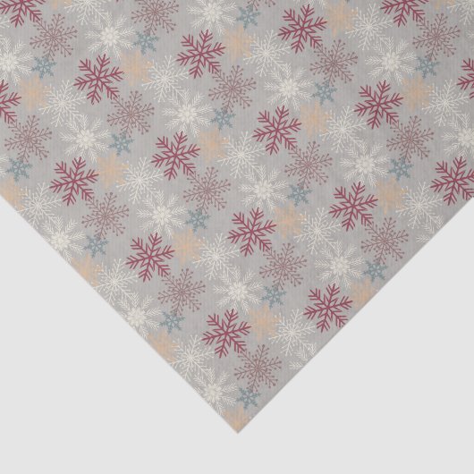 Retro maroon Grey Blue Snowflakes op zilver Tissuepapier (Detail)