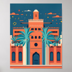 Retro Marrakech Marokko Landschap Flat Vector Art Poster