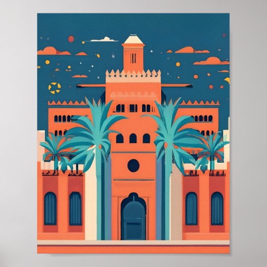 Retro Marrakech Marokko Landschap Flat Vector Art Poster (Voorkant)