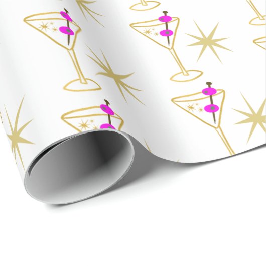 Retro Martini Cocktail Glass Festive Pink Olive Cadeaupapier (Rol Hoek)