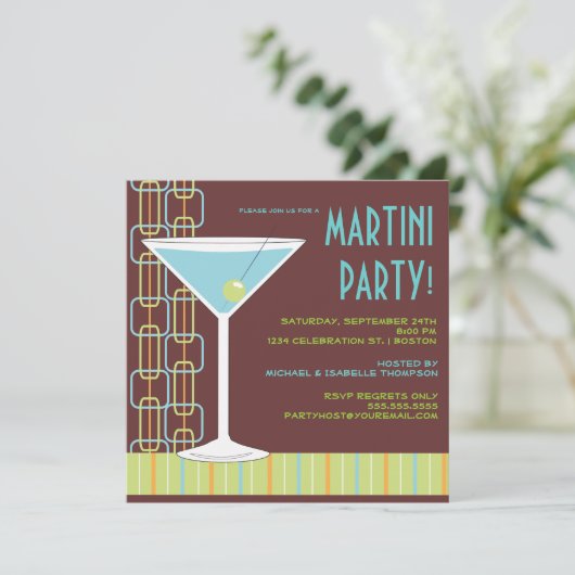 Retro Martini Cocktail Party Invitation Kaart (Staand voorkant)