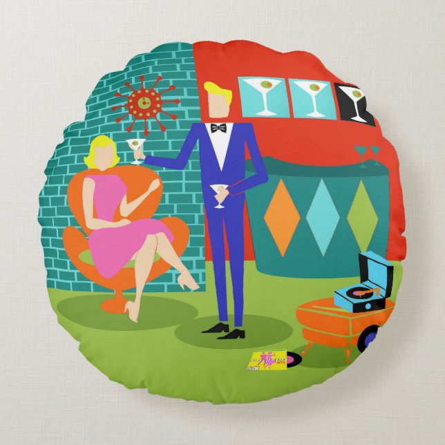 Retro Martini Couple Round Pillow Rond Kussen (Voorkant)
