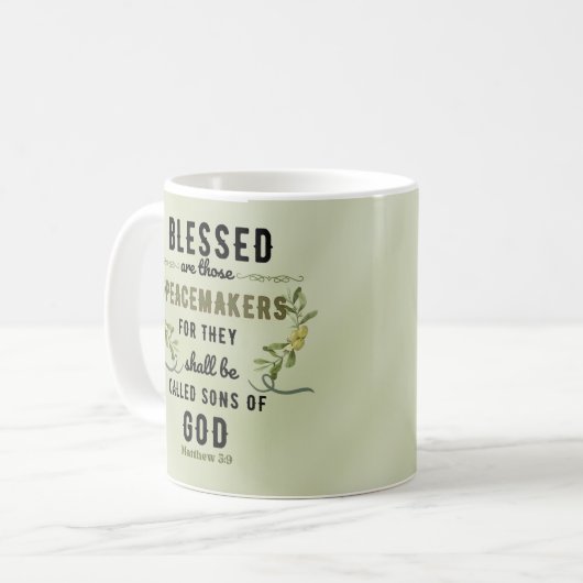Retro Matteüs 5:9 Olijftak Waterverf Koffiemok (Voorkant links)