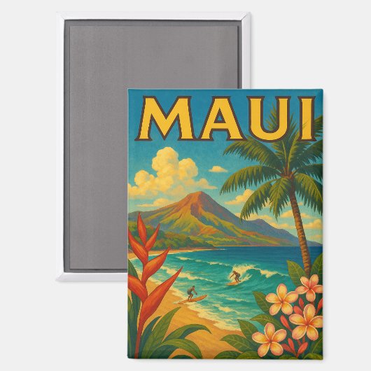 Retro Maui Hawaii Surfer Paradise Reizen Magneet (Voorkant / Achterkant)